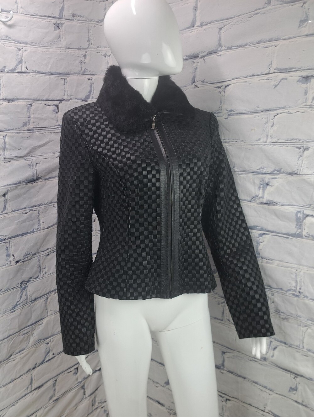 Marvin Richards Women's Leather Woven Jacket Black Fur